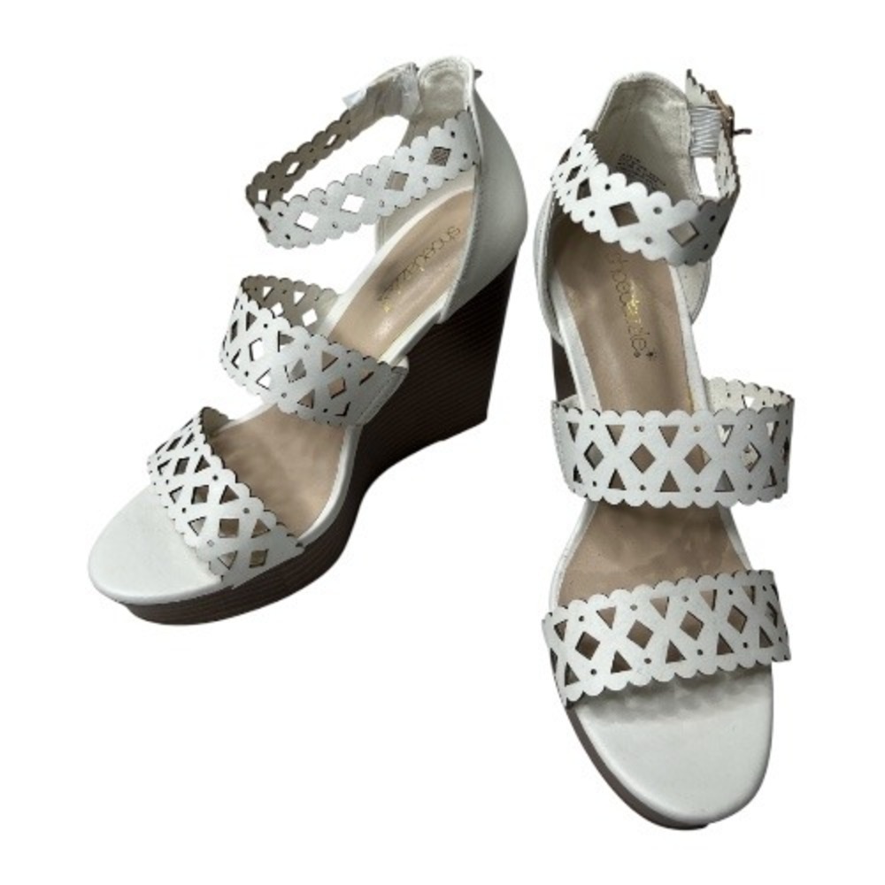 Shoe Dazzle White Wedge Sandals Ankle Strap Cutout Dressy Heels Shoes 7.5‎ NEW